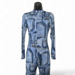 Blue Denim Print Long Sleeve Shorts Jumpsuit